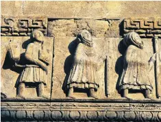  ??  ?? Pilgrims on the Via Francigena, sculpted on the facade of Fidenza cathedral in Italy