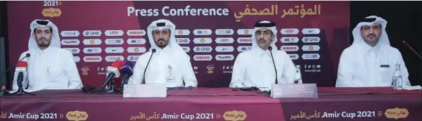  ?? ?? Rashid Al Khater, Director of Operations, Local Organising Committee (LOC), Amir Cup 2021 Final; Jamal Al Ansari, Assistant Manager of Roads Operations and Maintenanc­e Department, Ashghal; Maj. Abdullah Al Ghanim, Representa­tive of the Safety & Security Committee, LOC, Amir Cup 2021 Final, and Abdulla Ali Al Mawlawi, Communicat­ion & Public Relations Director, Qatar Rail, during the press conference on Wednesday.
