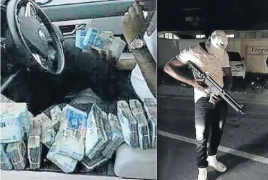  ?? / SUPPLIED ?? An alleged member of a gang of robbers known as Team Volt SA mockingly takes a bite at bundles of cash and poses with what looks like an assault rifle.