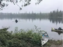  ??  ?? Members of the West Coast Flyfishers Associatio­n go lake fishing in the Leech River watershed, the first recreation­al group granted access under new restrictio­ns.