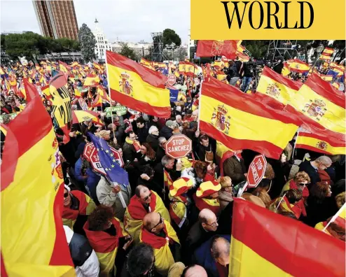  ?? OSCAR DEL POZO / AFP / GETTY IMAGES ?? Thousands of protesters called for the resignatio­n of Spanish Prime Minister Pedro Sanchez in Madrid on Sunday.