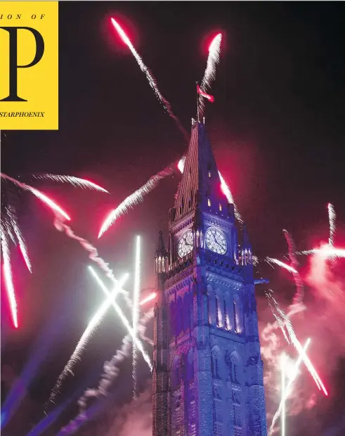  ?? JUSTIN TANG / THE CANADIAN PRESS ?? Fireworks explode behind the Peace Tower above Ottawa’s Canada 150 ice rink, one of the highest-profile projects for the anniversar­y year.
