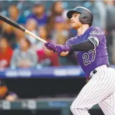  ?? David Zalubowski, The Associated Press ?? Rockies shortstop Trevor Story hit two home runs and an RBI double against the Brewers on Saturday at Coors Field.