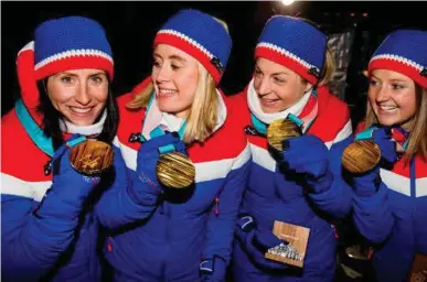  ?? FOTO: RUNE PETTER NESS ?? Marit Bjørgen (f.v.), Ragnhild Haga, Astrid Uhrenholdt Jacobsen og Ingvild Flugstad Østberg gikk på Norges gull i Ol-stafetten i Pyeongchan­g.