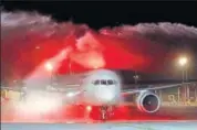  ?? AFP ?? Air India flight AI 139 receives a water cannon salute upon its arrival at Ben Gurion Internatio­nal Airport, Israel.