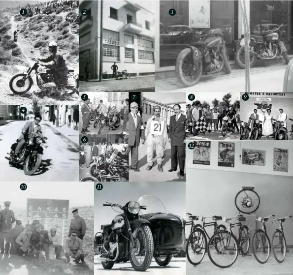  ??  ?? 1: 1957, Nikolas D Papoutsas, with BSA M33 at Kaisiarani 7: Nikolas Papoutsas in BSA race gear
8: Nikolas (with starting flag) and brother Vasilis (in white shirt) 2: The workshop back in the ’60s 3: The shop’s race bikes, ready to go
9: Nikolas...