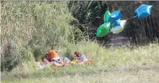  ?? MORGAN MODJESKI/FILES ?? Tributes sit near a retention pond close to Dundonald School where a boy drowned last fall. A council committee is backing a plan for partial fencing of that pond and one near Lakeview school.