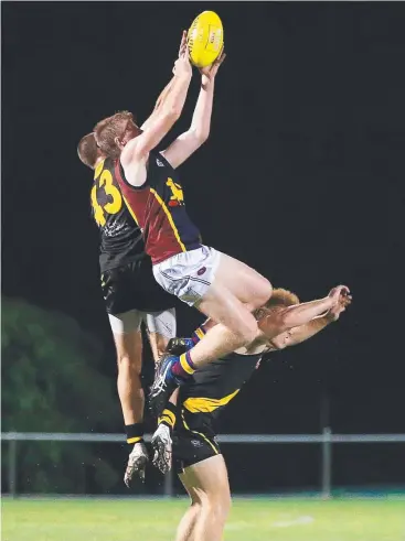  ?? Picture: JUSTIN BRIERTY ?? MIDAIR BATTLE: Lions’ Nicholas Johnson flies high with Tiger Leigh Blucher.