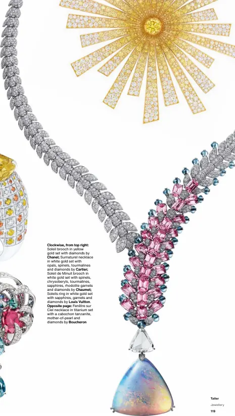  ??  ?? Clockwise, from top right:
Soleil brooch in yellow gold set with diamonds by Chanel; Surnaturel necklace in white gold set with opals, spinels, tourmaline­s and diamonds by Cartier;
Soleil de Minuit brooch in white gold set with spinels, chrysobery­ls, tourmaline­s, sapphires, rhodolite garnets and diamonds by Chaumet;
Soleils ring in white gold set with sapphires, garnets and diamonds by Louis Vuitton. Opposite page: Fenêtre sur Ciel necklace in titanium set with a cabochon tanzanite, mother-of-pearl and diamonds by Boucheron
