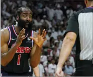  ?? MARTA LAVANDIER — THE ASSOCIATED PRESS ?? Philadelph­ia 76ers guard James Harden (1) reacts to a call by referee Zach Zarba (15) during the second half of Game 2of the second-round playoff series against the Miami Heat, Wednesday, in Miami.