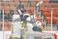  ?? JEREMY FRASER • CAPE BRETON POST ?? Members of the Eskasoni Eagles celebrate after scoring a goal during Nova Scotia Junior Hockey League action at the Membertou Sport and Wellness Centre last week. Due to the season cancellati­on, the Eagles finished the year with a 4-83-0 record and tied for third place in the Sid Rowe Division.