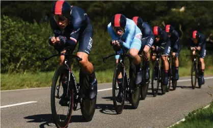  ?? Photograph: Harry Trump/Getty Images ?? Ethan Hayter (light blue) and his Ineos teammates compete in the 18km team time trial in Wales that ended with him taking the overall lead in the Tour of Britain.