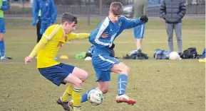  ??  ?? More action from Ferry Athletic U/19’s (yellow) 5-2 victory against Forfar West End a fortnight ago (above, right).