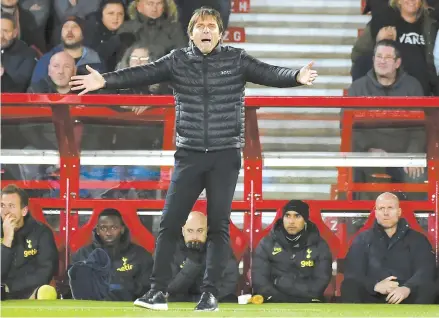  ?? AP-Yonhap ?? Tottenham’s head coach Antonio Conte gestures during the EFL Cup third round football match between Nottingham Forest and Tottenham Hotspur at the City Ground stadium in Nottingham, England, Wednesday.
