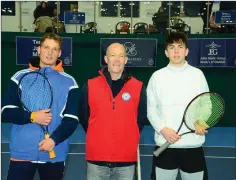  ??  ?? Dorian Kos and Conor Gannon with umpire Derek Adams ahead of the men’s final in Shankill.