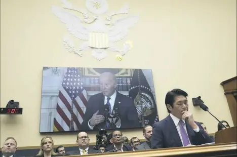  ?? Jacquelyn Martin/Associated Press ?? Special counsel Robert Hur listens during a House Judiciary Committee hearing Tuesday on Capitol Hill in Washington. Mr. Hur investigat­ed President Joe Biden’s mishandlin­g of classified documents and published a final report with contentiou­s conclusion­s about Mr. Biden’s memory.