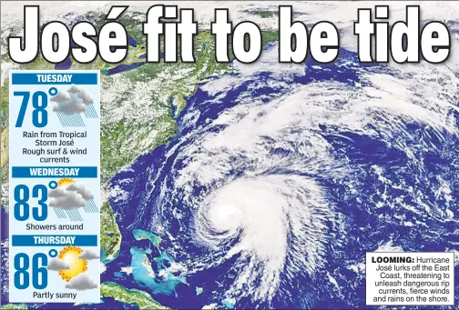  ??  ?? LOOMING: Hurricane José lurks off the East Coast, threatenin­g to unleash dangerous rip currents, fierce winds and rains on the shore.