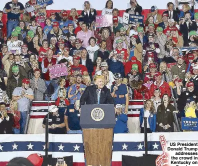  ?? AP ?? US President Donald Trump addresses the crowd in Kentucky on Sunday.