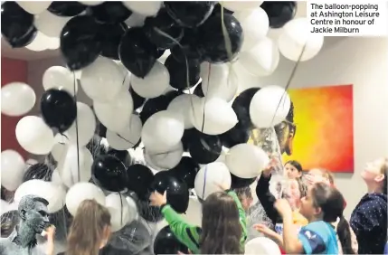  ??  ?? The balloon-popping at Ashington Leisure Centre in honour of Jackie Milburn