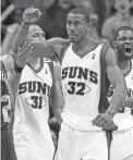  ?? MATT YORK/AP ?? The Suns' Amare Stoudemire) pumps his fist after scoring two of his 33 points in a Western Conference semifinal game in 2005.