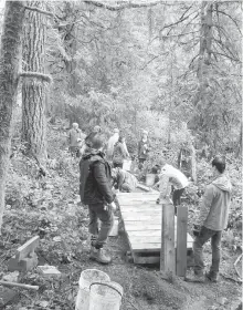  ?? SUBMITTED ?? Trail builders construct a boardwalk on Electric Avenue, found at the foot of Lost Lake Road.