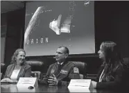  ?? DANA JENSEN/THE DAY ?? Tony Antonelli, director of Lockheed Martin and former NASA astronaut, center, answers a question while he and U.S. Rep. Elizabeth Esty, left, and Erica Abrahamson, UTAS-ECLSS deputy program manager, take part in a news briefing Tuesday on UTC...