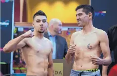  ?? ROBERTO E. ROSALES/JOURNAL ?? Albuquerqu­e’s Aaron Angel Perez, left, and Mexico’s Jose Antonio Martinez will face each other tonight in a scheduled six-rounder.