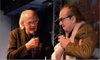  ?? (DR) ?? Christophe­r LLoyd, alias Emmett Brown dans Retour Vers le Futur, rencontre Pierre Hatet, sa voix française. « Acteurs shakespear­iens tous les deux, ils n’ont parlé que de théâtre », confie Geneviève Hatet.