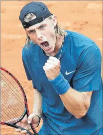  ?? AP PHOTO ?? Canada’s Denis Shapovalov clenches his fist after scoring a point against John Millman of Australia during their first round match of the French Open tennis tournament at the Roland Garros stadium in Paris, France, Tuesday.