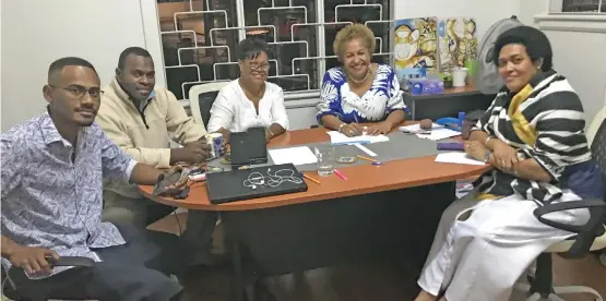  ?? Photo: Ilaijia Ravuwai ?? Suspended SODELPA members from left: Koroi Cakacaka, Amoni Dalia, Ruci Karuru, Emele Duituturag­a and Sainiana Radrodro at McGregor Road in Suva on May 26, 2020.