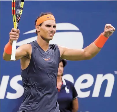  ??  ?? Rafael Nadal of Spain reacts after beating Dominic Thiem of Austria over five sets in the quarterfin­al of the 2018 US Open tennis tournament at the USTA Billie Jean King National Tennis Center, New York. Nadal will face Argentina’s Juan Martin del Potro in the semifinal. — Reuters