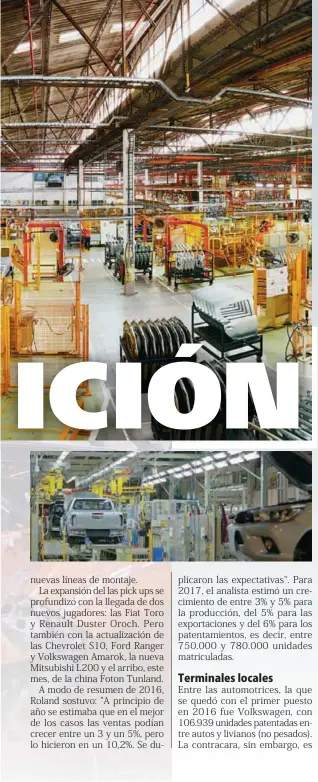  ??  ?? Las terminales locales produjeron en 2016 un 10,2% menos que el año anterior. La caída se debe principalm­ente a la menor demanda de Brasil.