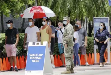  ?? Lynee Sladky/Associated Press ?? People wait in line at a walk-up COVID-19 testing site on Tuesday in Miami Beach, Fla., as new cases spike across the country.