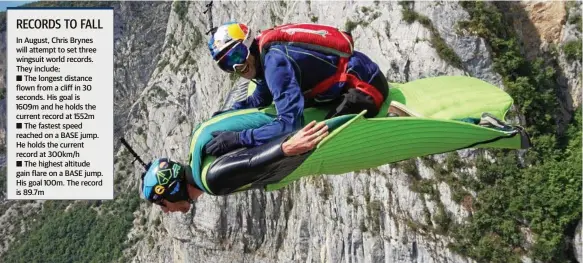  ?? Photo: Luca Barbieri ?? SPEED DEMON: Chris Byrnes flying in a wingsuit with Valentin Delluc riding him rodeo-style. The pair jumped from the top of Monte Brento, Italy.