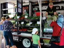  ?? PHOTO BY MICHILEA PATTERSON — FOR MEDIANEWS GROUP ?? People shop for fresh fruits and vegetable at a mobile market truck while it’s stopped near the Coventry Mall, which is right outside of Pottstown.