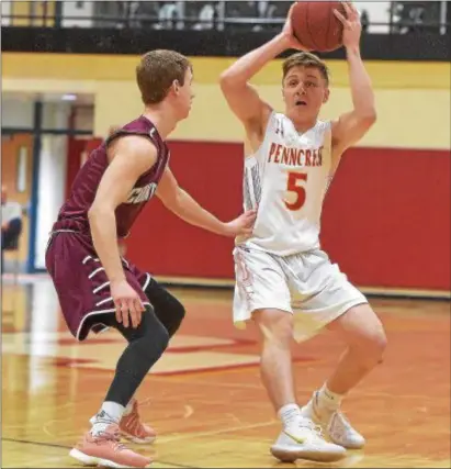  ?? PETE BANNAN — DIGITAL FIRST MEDIA ?? Penncrest guard Justin Heidig, seen against Conestoga earlier this season, provided the Lions with an emotional boost Saturday night in a 57-31 win over Holy Ghost Prep to advance to the District 1 Class 5A semifinals and the state tournament.