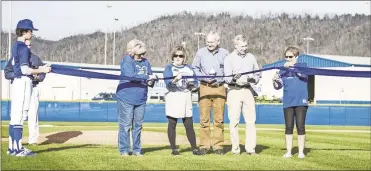  ?? / Courtney Couey, Ringgold Tiger Shots ?? Catoosa County dignitarie­s were on hand for a ribbon-cutting last Tuesday as Ringgold Middle School played its first game on its new baseball facility.