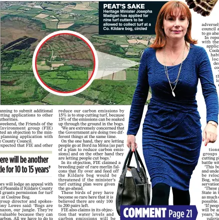  ?? PEAT’S SAKE ?? Heritage Minister Josepha Madigan has applied for nine turf cutters to be allowed to collect turf at a Co. Kildare bog, circled