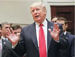  ?? Associated Press ?? President Donald Trump gestures Friday as he answers a question from members of the media after signing an executive order in the Roosevelt Room of the White House in Washington. The order directs the Interior Department to begin review of restrictiv­e...