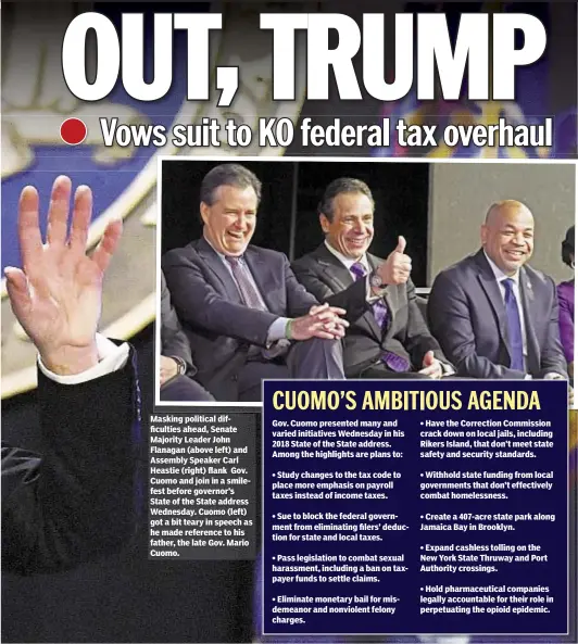  ??  ?? Masking political difficulti­es ahead, Senate Majority Leader John Flanagan (above left) and Assembly Speaker Carl Heastie (right) flank Gov. Cuomo and join in a smilefest before governor’s State of the State address Wednesday. Cuomo (left) got a bit...