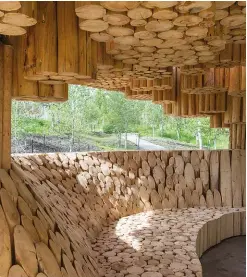  ??  ?? RIGHT AND BELOW:
Xylem — a quiet, protective shelter that Kéré designed for visitors to Tippet Rise Art Center in Montana — features a roof crafted from pine logs assembled in circular bundles of various lengths.