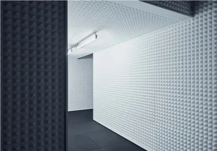  ??  ?? Above — The exhibition entrance was a foam-insulated anechoic chamber that absorbed reverberan­t sounds.Right — This is Before We Disappear From View by Sonia Leber and David Chesworth was presented in a harshly lit white corridor.