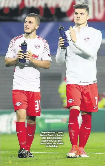  ??  ?? Diego Demme (l.) und Marcel Sabitzer haben ihre Erkrankung­en auskuriert. Seit gestern stehen sie wieder
im Training.