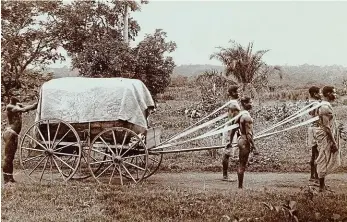  ?? Foto: Profimedia ?? Na afrických polích s bavlnou Fotografie z roku 1910, popsaná neznámým autorem jako „Sklizeň bavlny v jedné z chráněných oblastí Německé říše: Černí dělníci táhnou vozík se sklizenou bavlnou.“