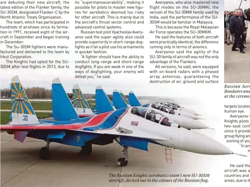  ??  ?? The Russian Knights aerobatics team’s new SU-30SM aircraft, decked out in the colours of the Russian flag.