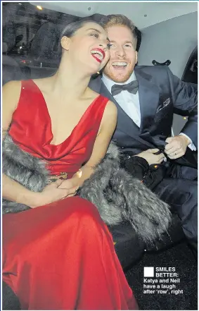  ??  ?? SMILES BETTER: Katya and Neil have a laugh after ‘row’, right STRICTLY pair Katya and Neil Jones looked like they were having a “rumba” at a charity ball.The couple faced a storm after dancer Katya was caught kissing dance partner Seann Walsh. Neil vowed to stand by his wife. But they were caught appearing to