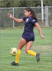  ??  ?? Mendocino College Eagles sophomore Nicole Duncan (9) shown in action in the match vs. Merritt College on Nov. 14, won by the Eagles 2-1.