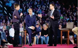  ?? MICHAEL LAUGHLIN/SOUTH FLORIDA SUN-SENTINEL VIA AP ?? IN THIS FEB. 21 PHOTO, MARJORY STONEMAN DOUGLAS High School student Cameron Kasky asks a question to Sen. Marco Rubio during a CNN town hall meeting at the BB&T Center in Sunrise, Fla. Red, blue or purple, in flyover country or along the U.S. coast,...