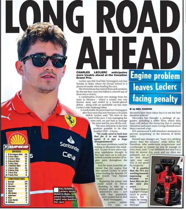  ?? ?? ■ FALTERING: Leclerc broke down in Baku where his Ferrari
(right) was leading the race