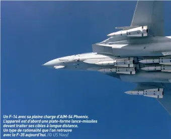  ??  ?? Un F-14 avec sa pleine charge D’AIM-54 Phoenix. L’appareil est d’abord une plate-forme lance-missiles devant traiter ses cibles à longue distance.
Un type de rationalit­é que l’on retrouve avec le F-35 aujourd’hui. (© US Navy)